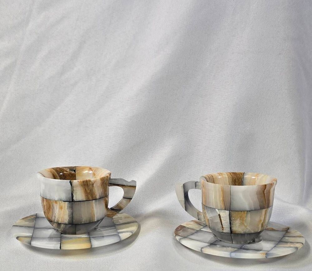 Vintage Handcrafted Onyx Mosaic Espresso Cups & Saucers - Set of 2